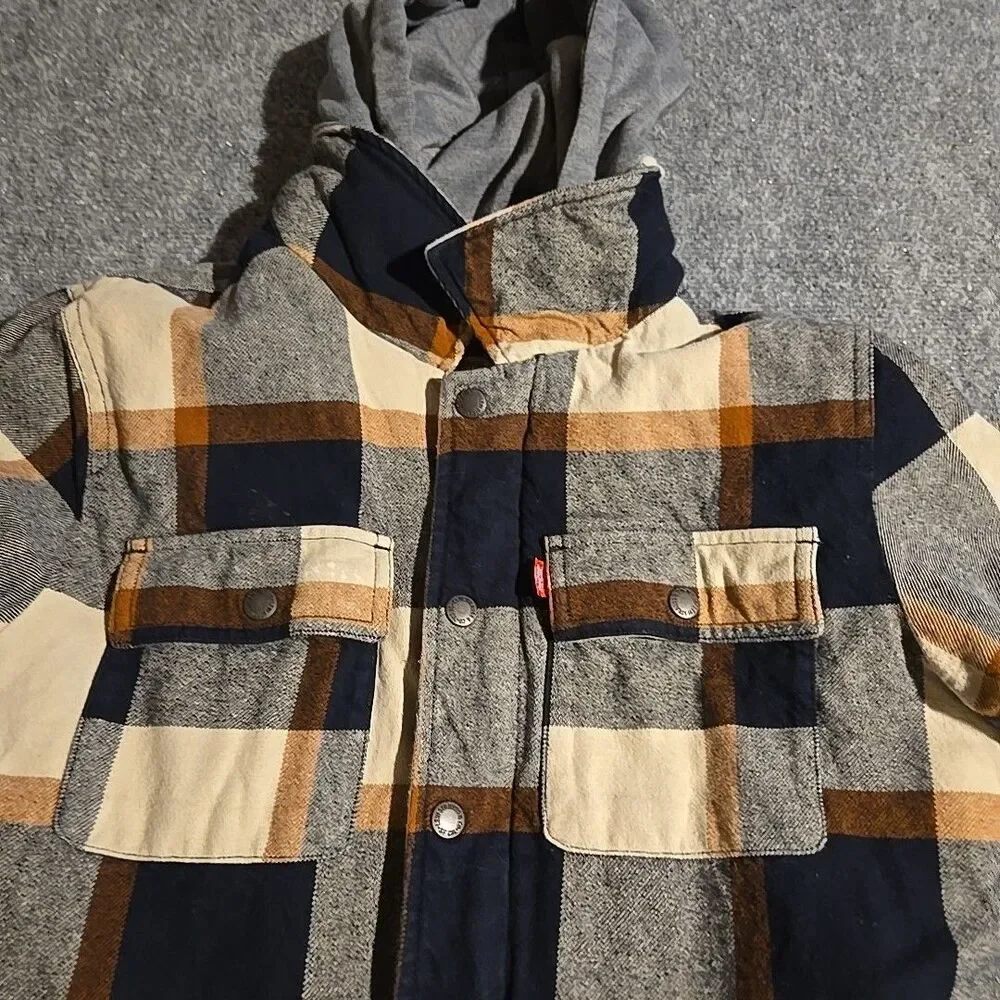 Levi's Sherpa Lined Hooded Jacket Mens Small Brown Plaid Front Zip Pockets